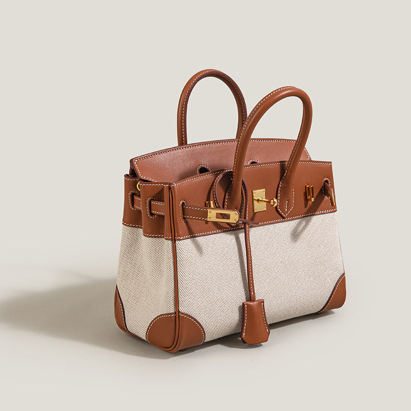 Women’s Brown And White Leather Canvas Top Handle Bag image 3