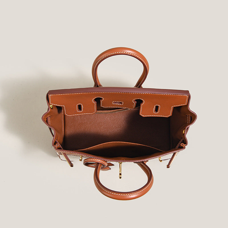 Women’s Brown And White Leather Canvas Top Handle Bag image 4