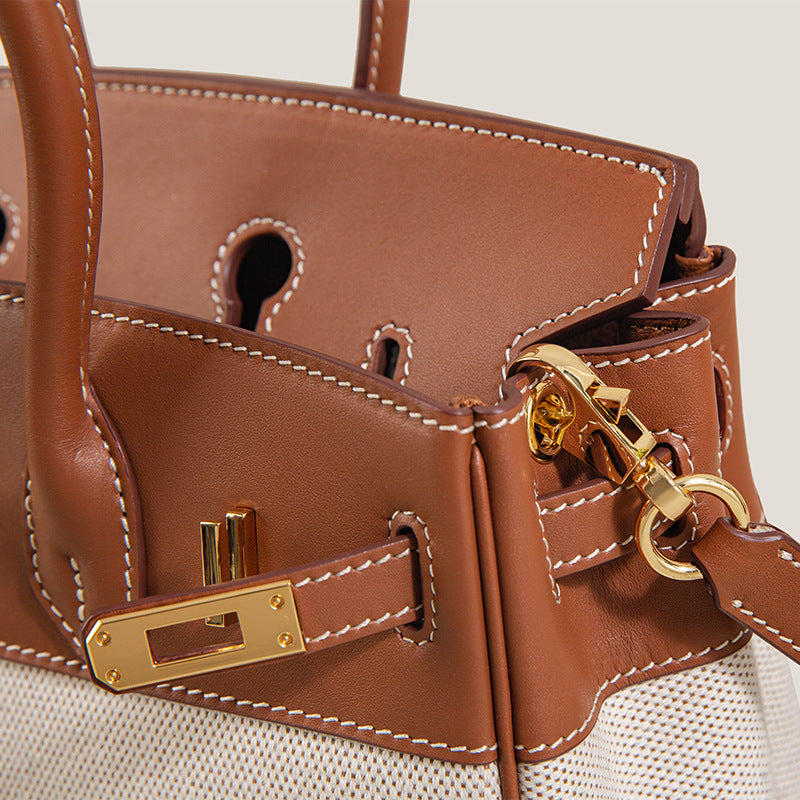 Women’s Brown And White Leather Canvas Top Handle Bag image 5
