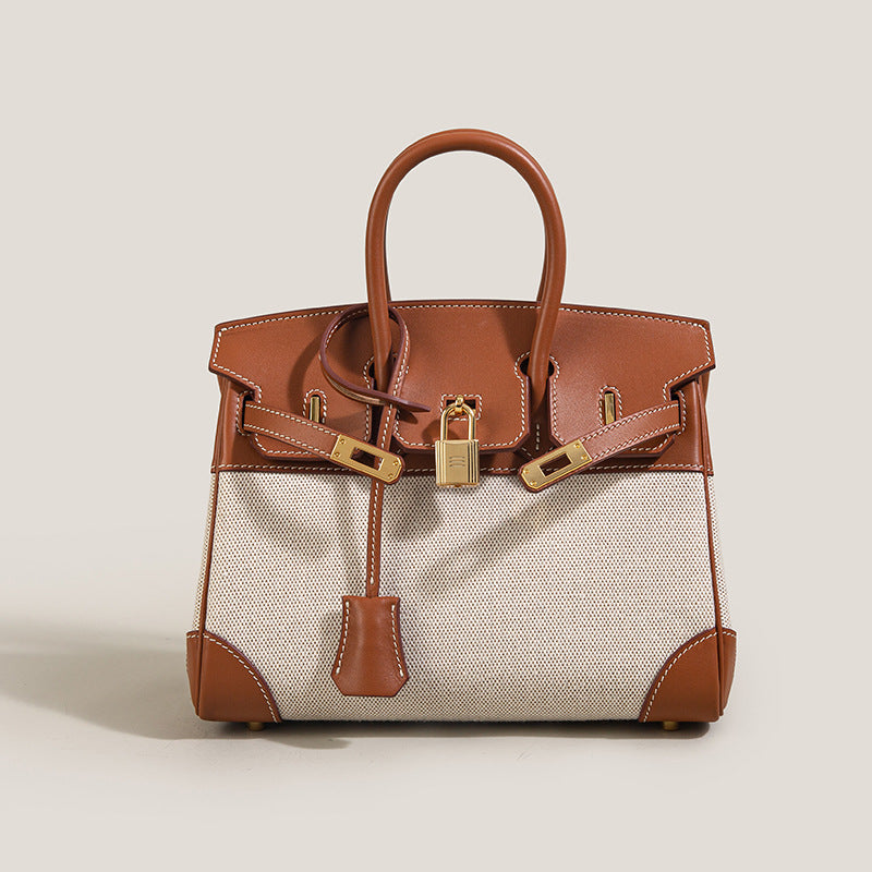 Women’s Brown And White Leather Canvas Top Handle Bag image