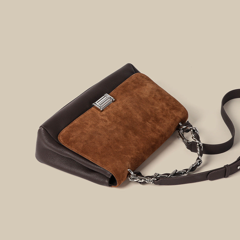 Women’s Brown Minimalist Suede Genuine Leather Crossbody Chain Handbag image 4