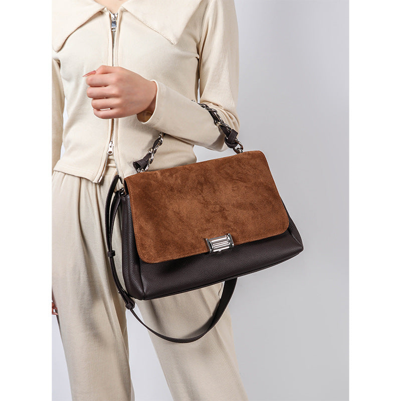 Women’s Brown Minimalist Suede Genuine Leather Crossbody Chain Handbag image 5