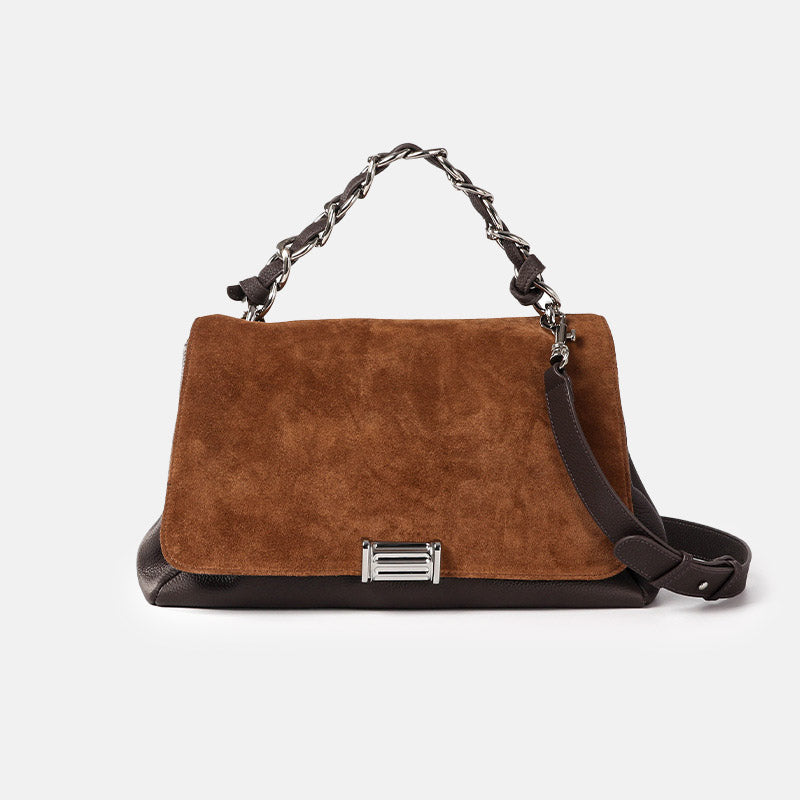 Women’s Brown Minimalist Suede Genuine Leather Crossbody Chain Handbag image