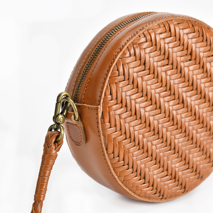 Women’s Brown Woven Crossbody Round Purse in Genuine Leather image 4
