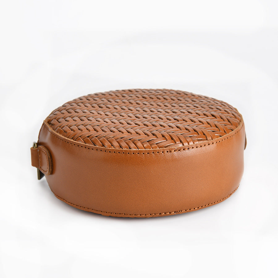 Women’s Brown Woven Crossbody Round Purse in Genuine Leather image 3