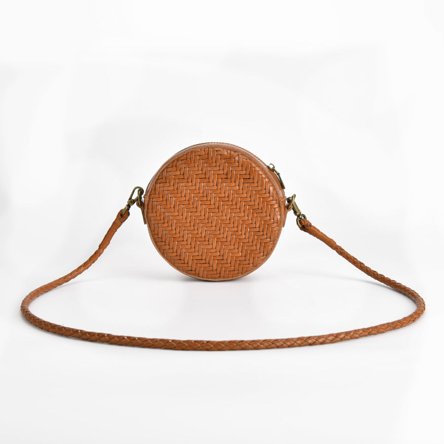Women’s Brown Woven Crossbody Round Purse in Genuine Leather image 5