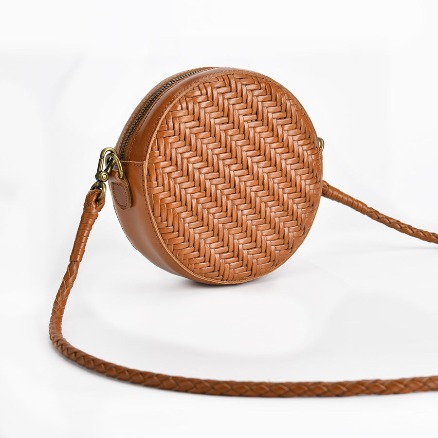 Women’s Brown Woven Crossbody Round Purse in Genuine Leather image