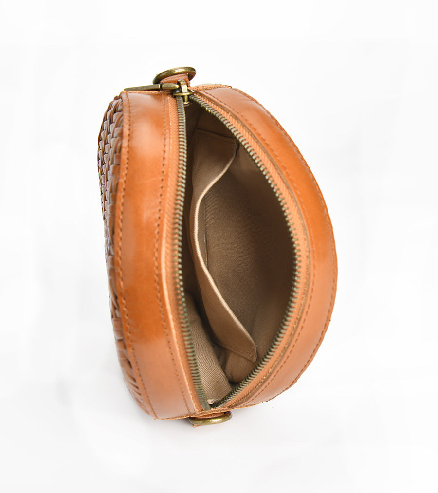 Women’s Brown Woven Crossbody Round Purse in Genuine Leather image 6