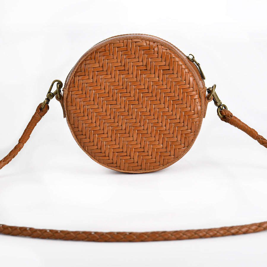 Women’s Brown Woven Crossbody Round Purse in Genuine Leather image 2