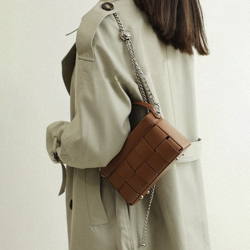Women’s Brown Woven Leather Chain Crossbody Handbag image 3