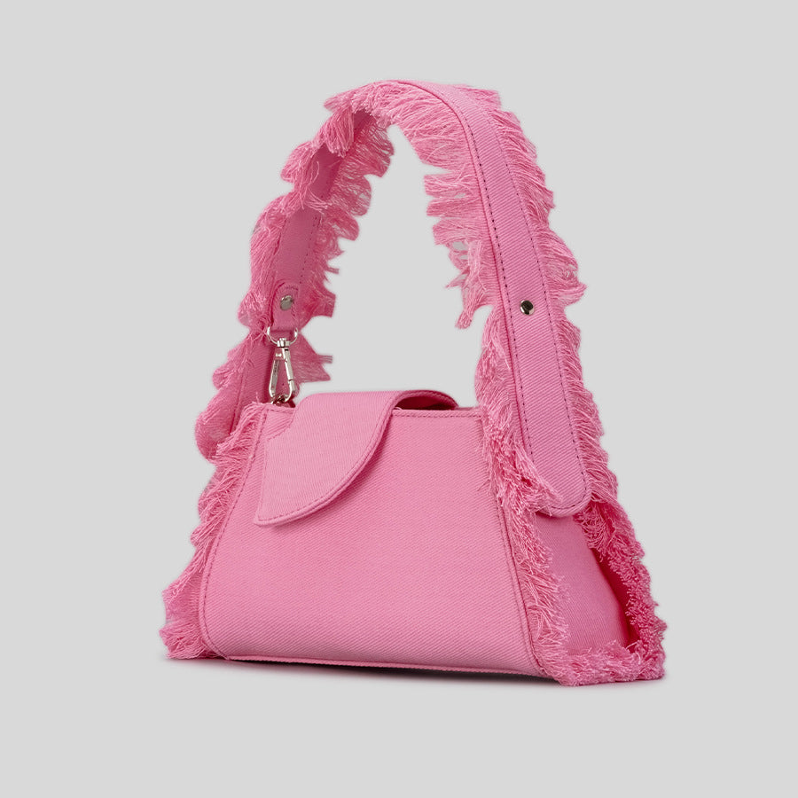 Women’s Canvas Fringed Baguette Bag with Plush Tassels image 2