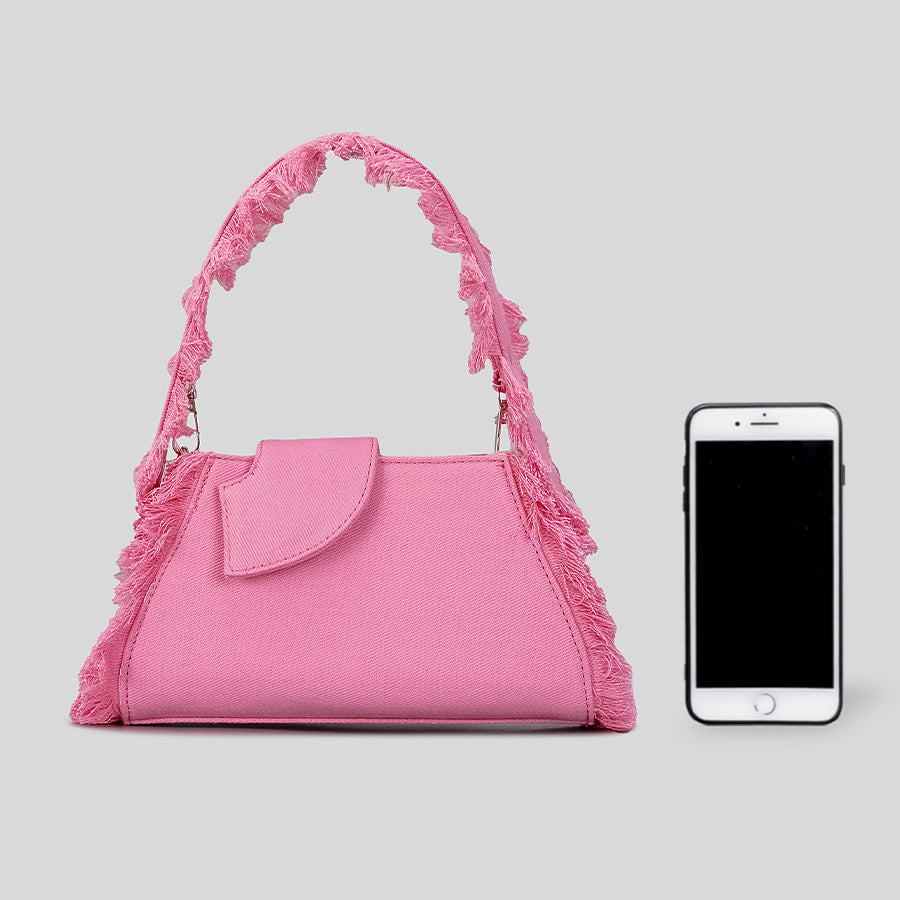 Women’s Canvas Fringed Baguette Bag with Plush Tassels image 4