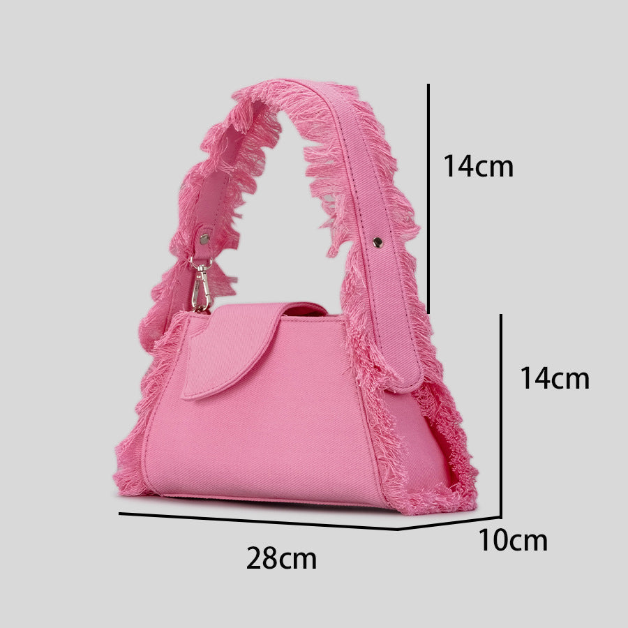 Women’s Canvas Fringed Baguette Bag with Plush Tassels image 3