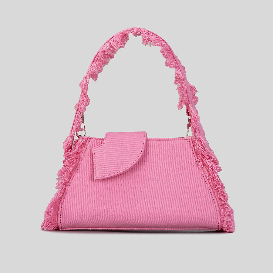 Women’s Canvas Fringed Baguette Bag with Plush Tassels image