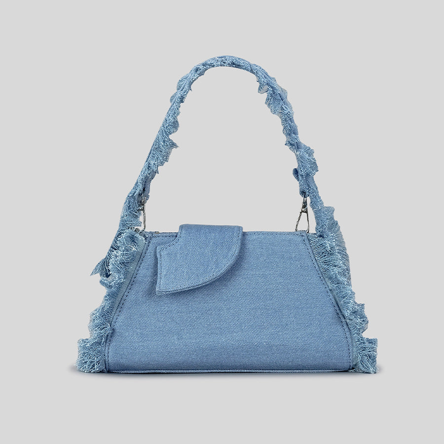 Women’s Canvas Fringed Baguette Bag with Plush Tassels image 6
