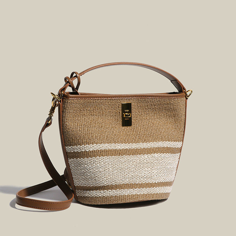 Women’s Canvas With Genuine Leather Lock Buckle Crossbody Tote Bucket Bag image 3