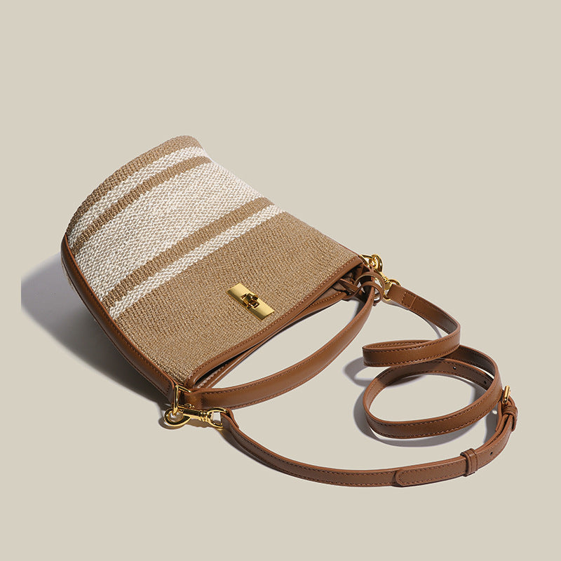 Women’s Canvas With Genuine Leather Lock Buckle Crossbody Tote Bucket Bag image 4