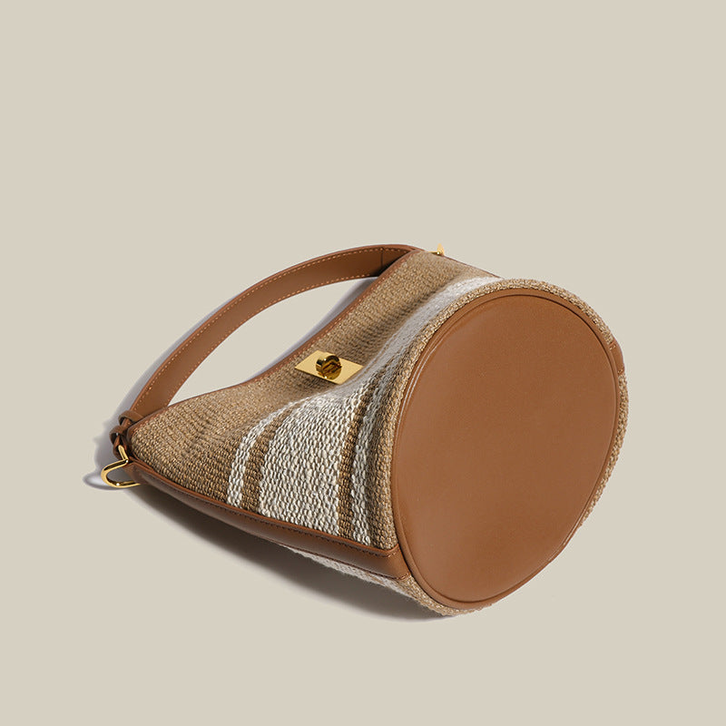 Women’s Canvas With Genuine Leather Lock Buckle Crossbody Tote Bucket Bag image 5