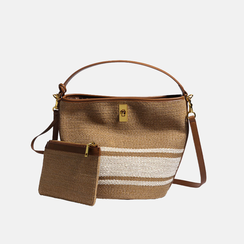 Women’s Canvas With Genuine Leather Lock Buckle Crossbody Tote Bucket Bag image