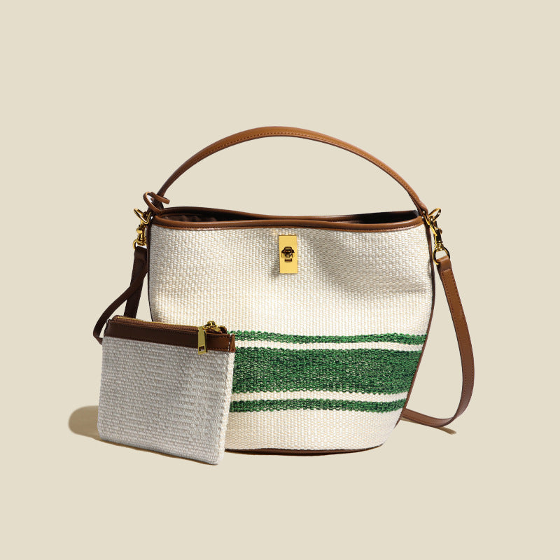 Women’s Canvas With Genuine Leather Lock Buckle Crossbody Tote Bucket Bag image 6