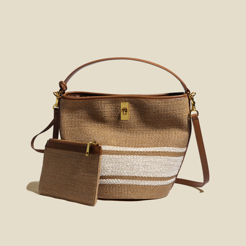 Women’s Canvas With Genuine Leather Lock Buckle Crossbody Tote Bucket Bag image 2