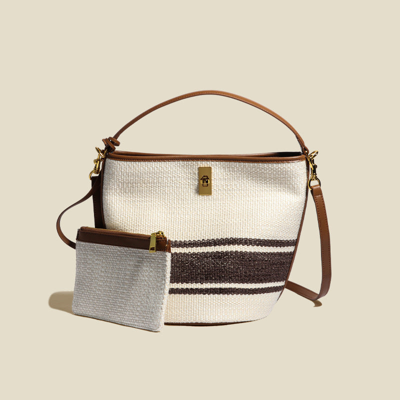 Women’s Canvas With Genuine Leather Lock Buckle Crossbody Tote Bucket Bag image 7