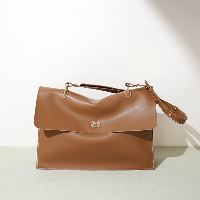 Women’s Caramel Minimalist Genuine Leather Lock-Clasp Crossbody Shoulder Bag image 4