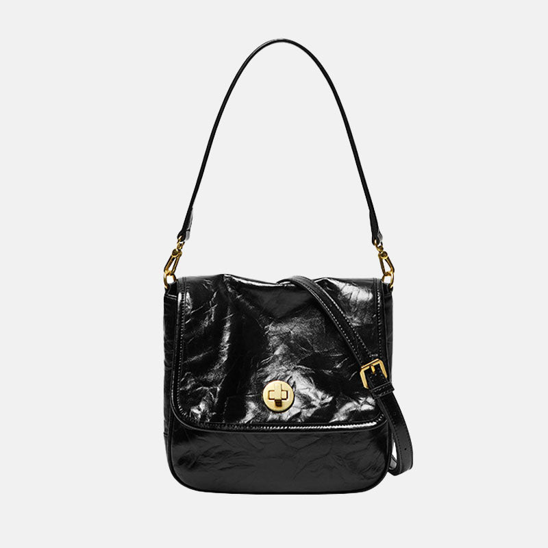 Women’s Crinkled Genuine Leather Turnlock Shoulder Bag image