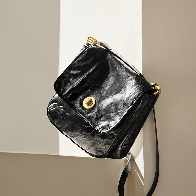 Women’s Crinkled Genuine Leather Turnlock Shoulder Bag image 2