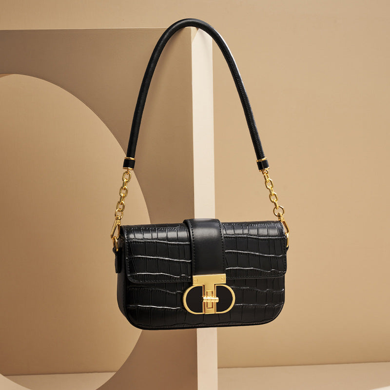 Women’s Crocodile Genuine Leather Lock Buckle Crossbody Baguette Bag image 5