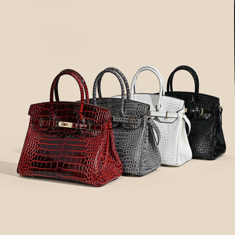 Women’s Crocodile Genuine Leather Minimalist Lock Top Handle Bag image 4