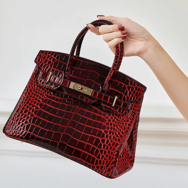 Women’s Crocodile Genuine Leather Minimalist Lock Top Handle Bag image 2