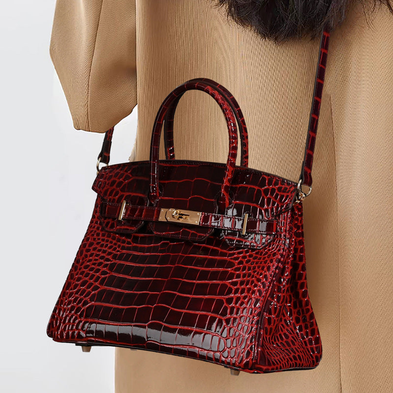 Women’s Crocodile Genuine Leather Minimalist Lock Top Handle Bag image 3