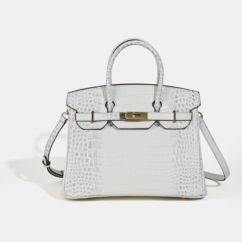 Women’s Crocodile Genuine Leather Minimalist Lock Top Handle Bag image 6