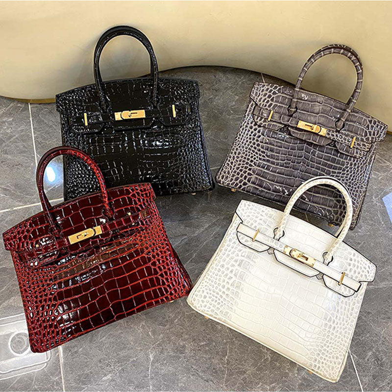 Women’s Crocodile Genuine Leather Minimalist Lock Top Handle Bag image 5