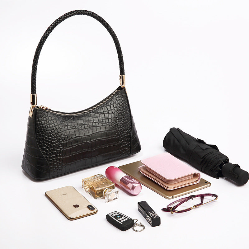 Women’s Crocodile Print Genuine Leather Zipper Baguette Bag image 3