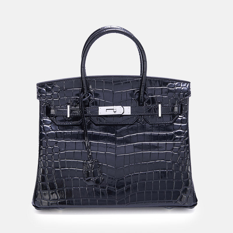 Women’s Crocodile Split Leather Top Handle Bag In Silver Lock image