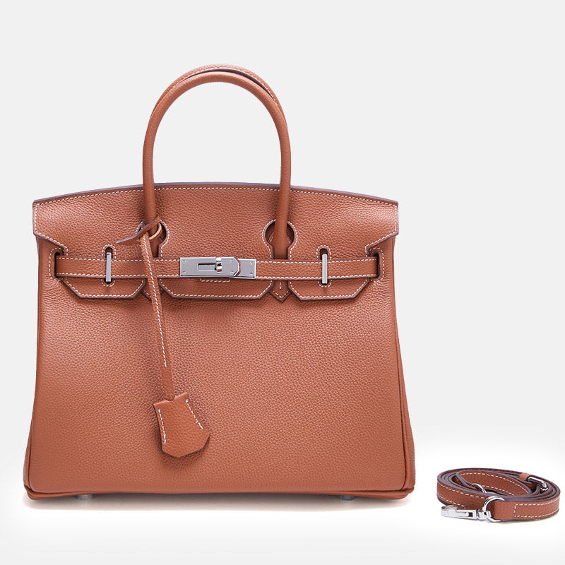 Women’s Full-Grain Leather Top Handle Bag In Silver Lock Closure image
