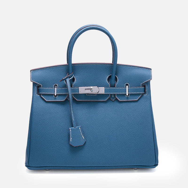 Women’s Full-Grain Leather Top Handle Bag In Silver Lock Closure image 19