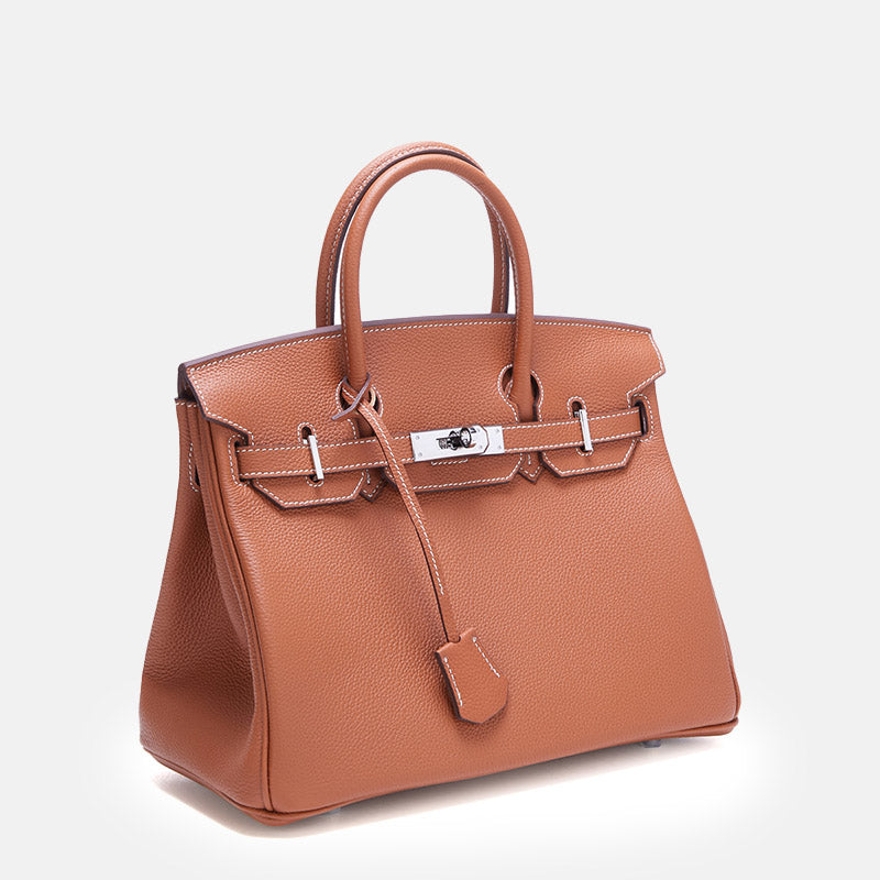 Women’s Full-Grain Leather Top Handle Bag In Silver Lock Closure image 3