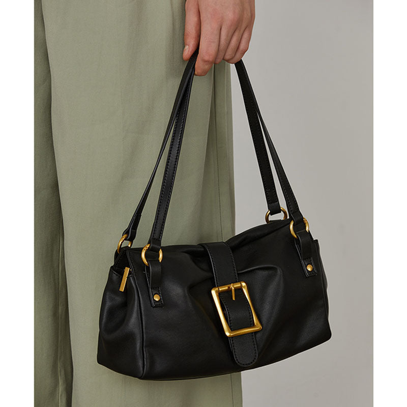 Women’s Genuine Leather Baguette Shoulder Bag with Buckle image 5