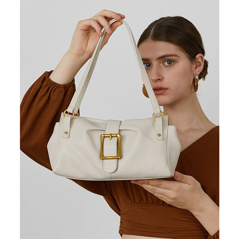 Women’s Genuine Leather Baguette Shoulder Bag with Buckle image 3