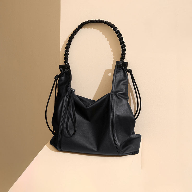 Women’s Genuine Leather Braided Strap Zipper Tote Bag image 2