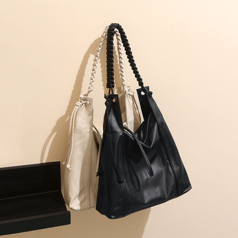 Women’s Genuine Leather Braided Strap Zipper Tote Bag image 4