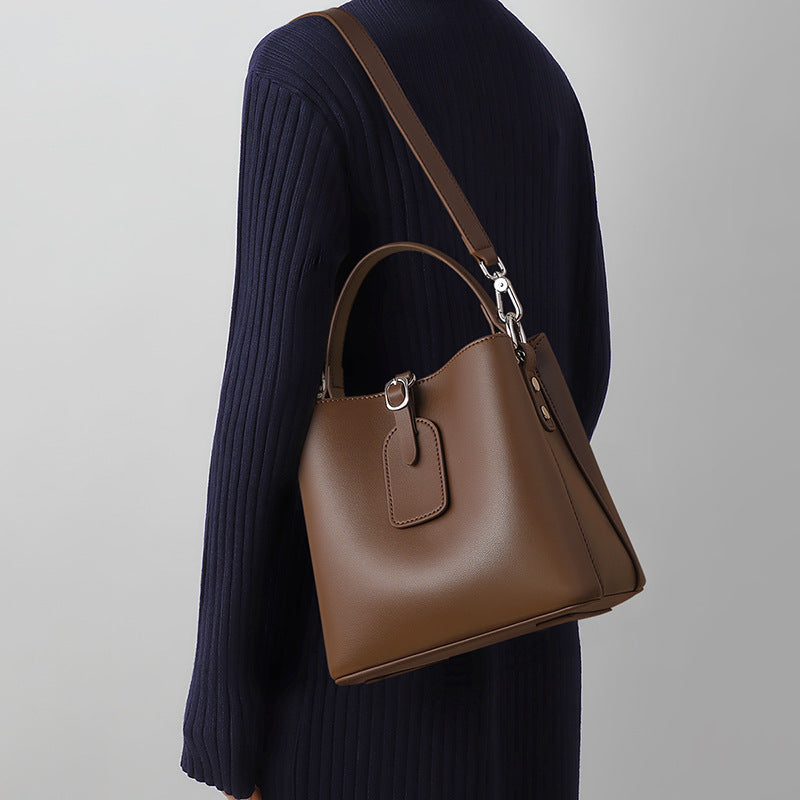 Women’s Genuine Leather Buckle Closure Shoulder Bucket Bag image 3