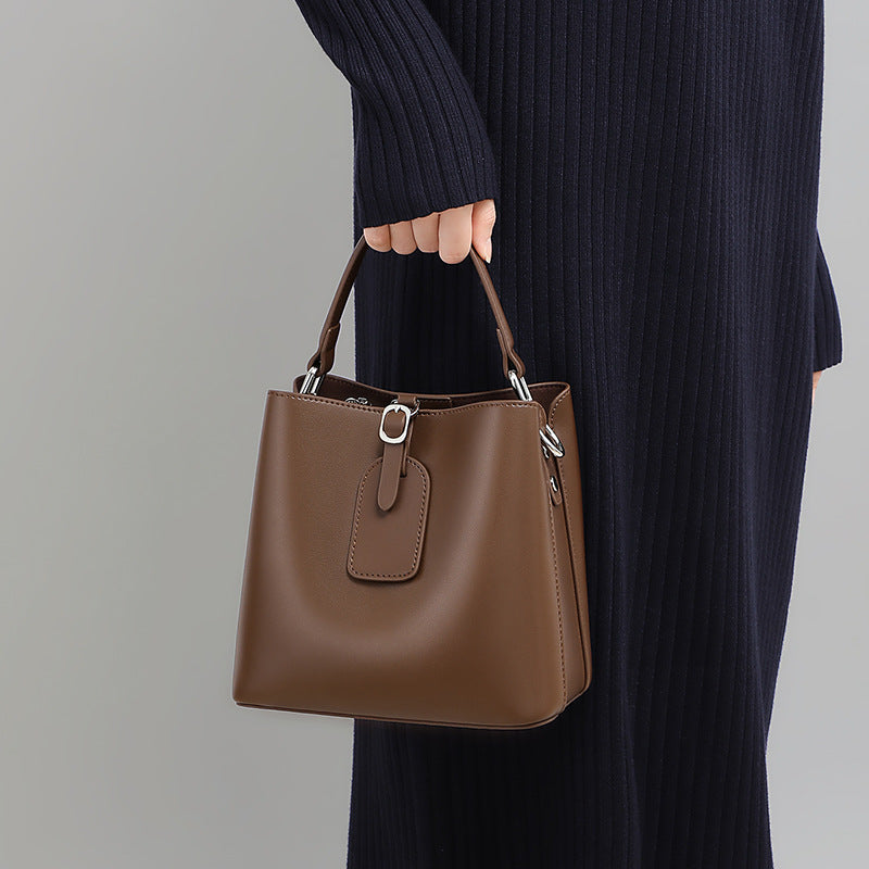 Women’s Genuine Leather Buckle Closure Shoulder Bucket Bag image 4