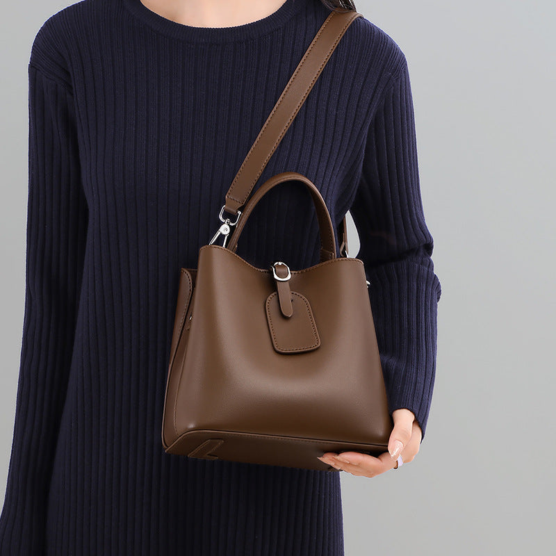 Women’s Genuine Leather Buckle Closure Shoulder Bucket Bag image 5