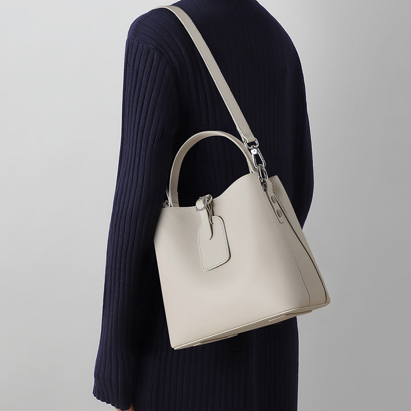 Women’s Genuine Leather Buckle Closure Shoulder Bucket Bag image 6