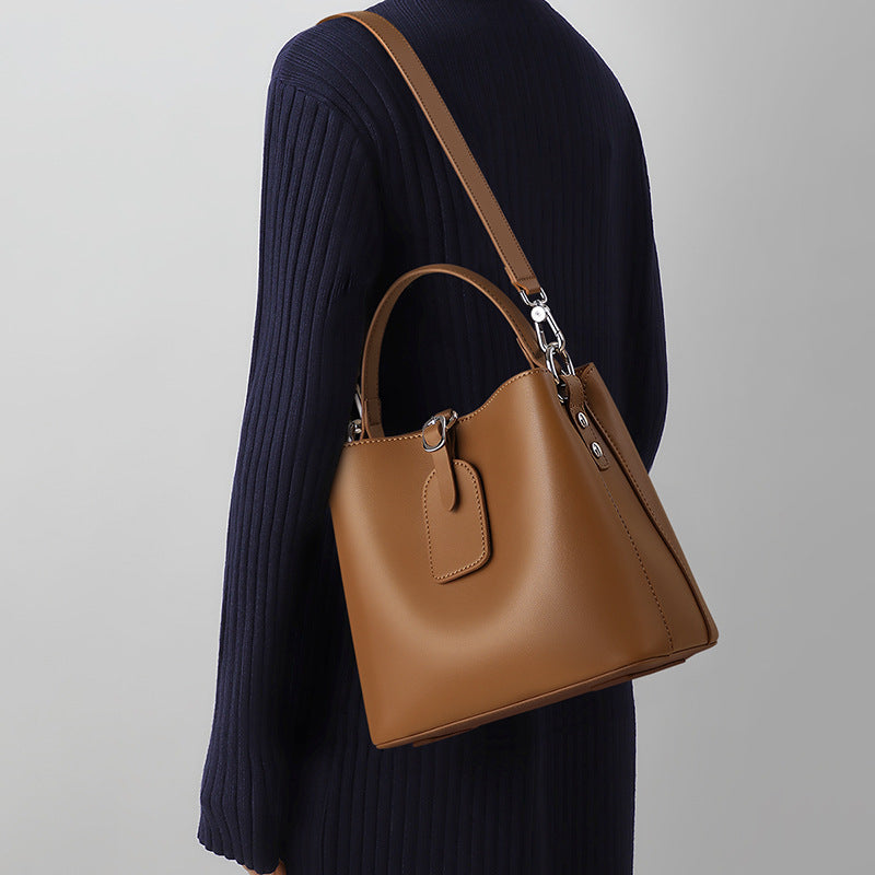 Women’s Genuine Leather Buckle Closure Shoulder Bucket Bag image 7