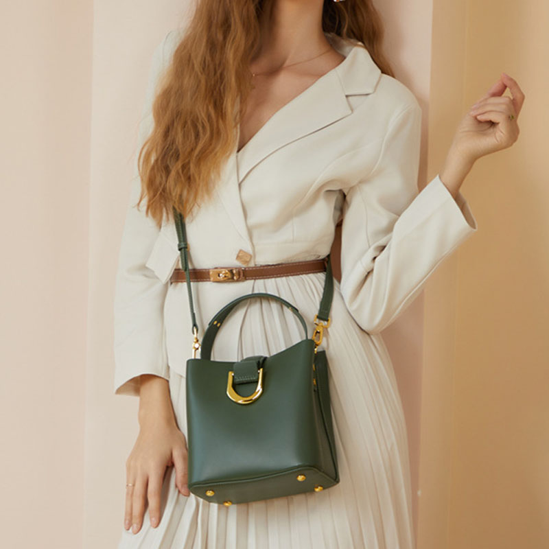 Women’s Genuine Leather Buckle Zipper Vintage Crossbody Shoulder Bucket Bag image 4